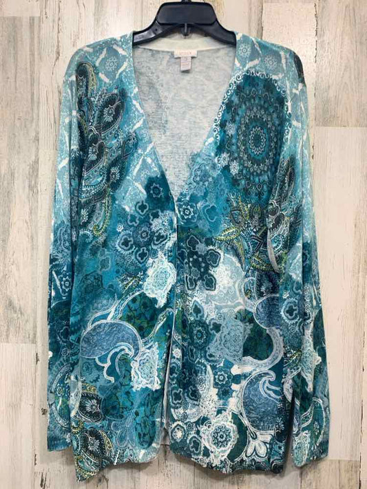 PRE-OWNED CHICOS Tops Size 3 TEAL/AQUA Paisley CARDIGAN Cardigan/OPEN FRONT LONG