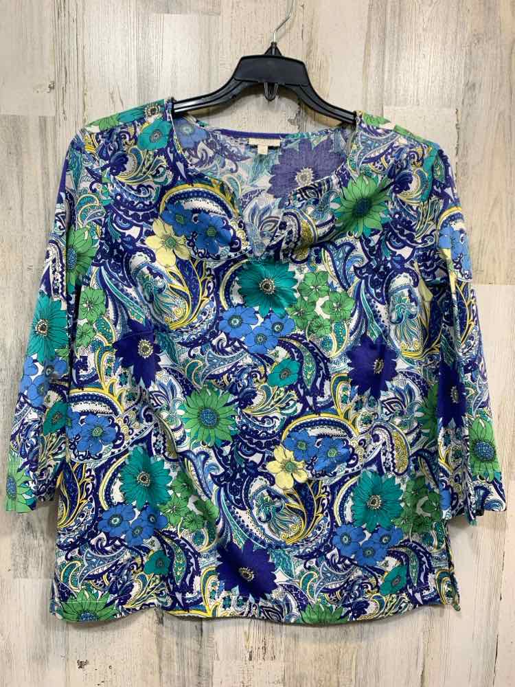 PRE-OWNED TALBOTS Tops Size 1X BLU/WHT/AQUA/YLW FLORAL/PAISLEY 3/4 SLEEVE TOP/V