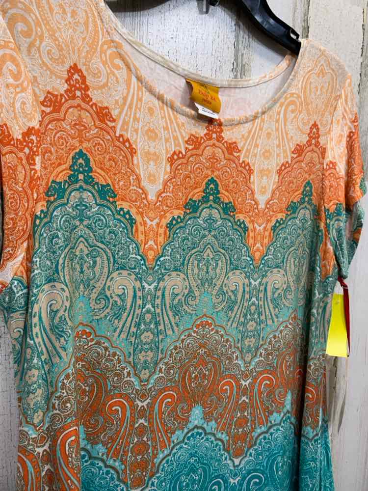 NWT RUBY RD Tops Size PL ORANGE/TEAL/WHITE Paisley SHORT SLEEVES Shirt/PAISLEY/V