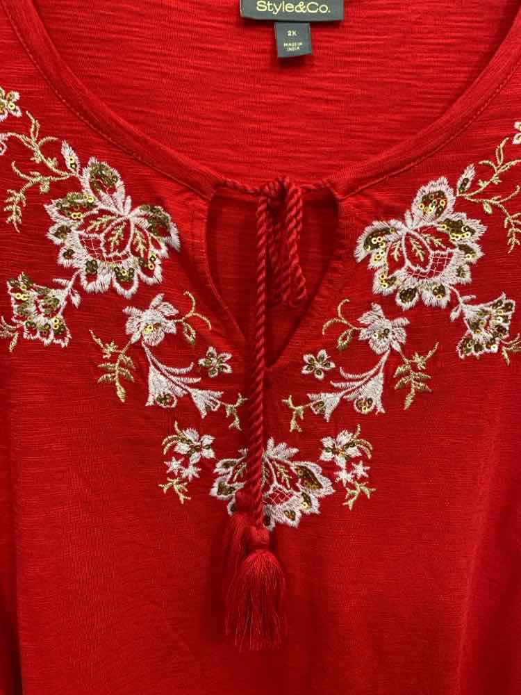 NWT STYLE & CO Size 2X Tops RED/GOLD Floral LONGSLEEVE Shirt
