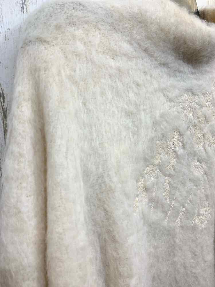NWT DONNA KARAN Size L Tops Cream FUZZY LONG SLEEVE/SEQUIN W/MOCK NECK SWEATER