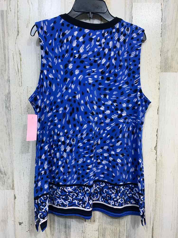 PRE-OWNED KASPER Tops Size PL BLUE/WHITE/BLACK DASHES SLEEVELESS Blouse/BLUE/WHI