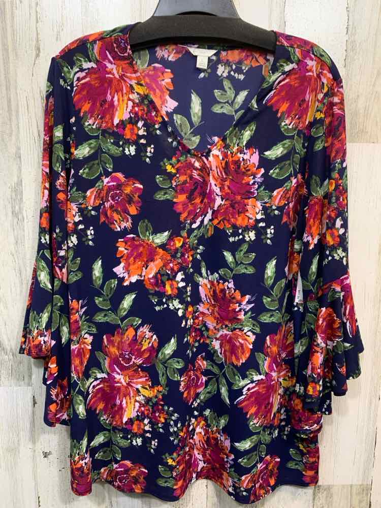 PRE-OWNED CATO Tops Size L NAVY/FUSH/ORANGE/GRN/YLLW Floral Blouse/FLORAL BLOUSE