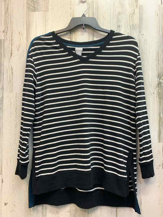 CHICOS Tops Size 1 BLK/WHT/TEAL Stripe LONG SLEEVES TOP