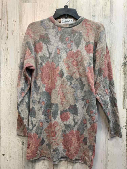 SILVANA G. Tops Size S GRAY/PINK/GRN LAMBS WOOL Floral SWEATER Sweater