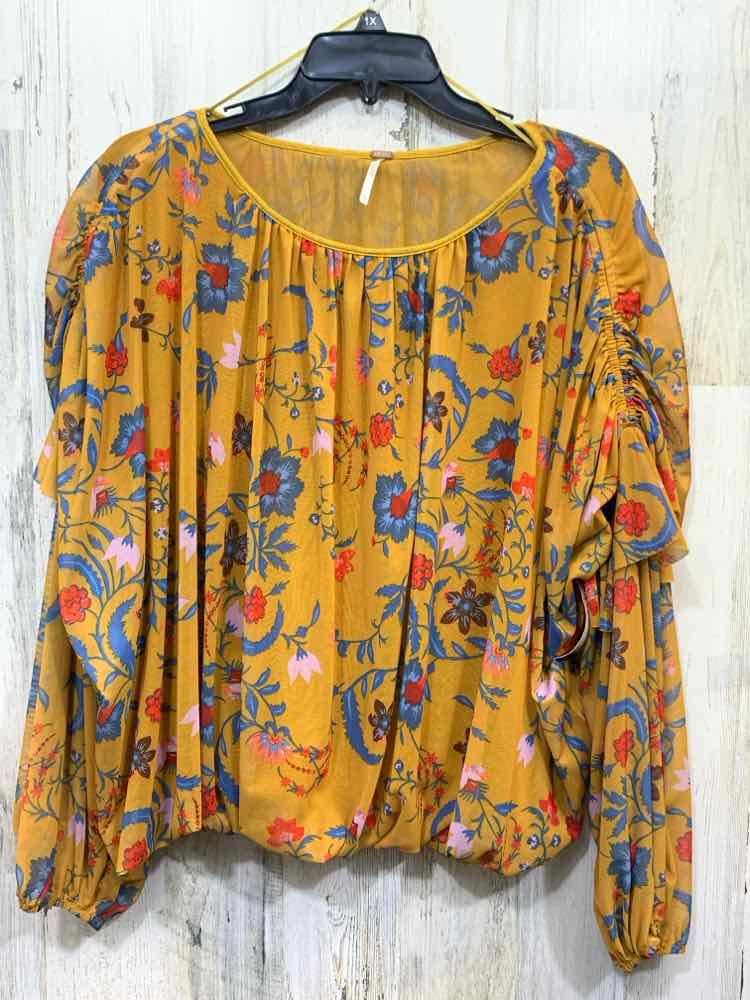 PRE-OWNED FREE PEOPLE Tops Size L Mustard Floral RUCHED LONG SLEEVE TOP
