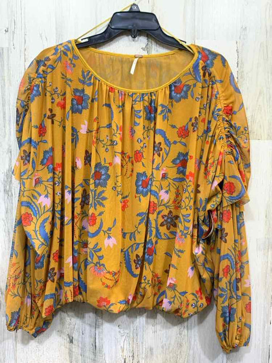 PRE-OWNED FREE PEOPLE Tops Size L Mustard Floral RUCHED LONG SLEEVE TOP