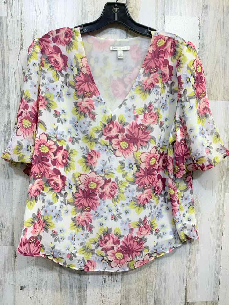 PRE-OWNED CATO Tops Size L WHT/YLLW/MAROON/PINK Floral 3/4 SLEEVE Blouse/FLORAL