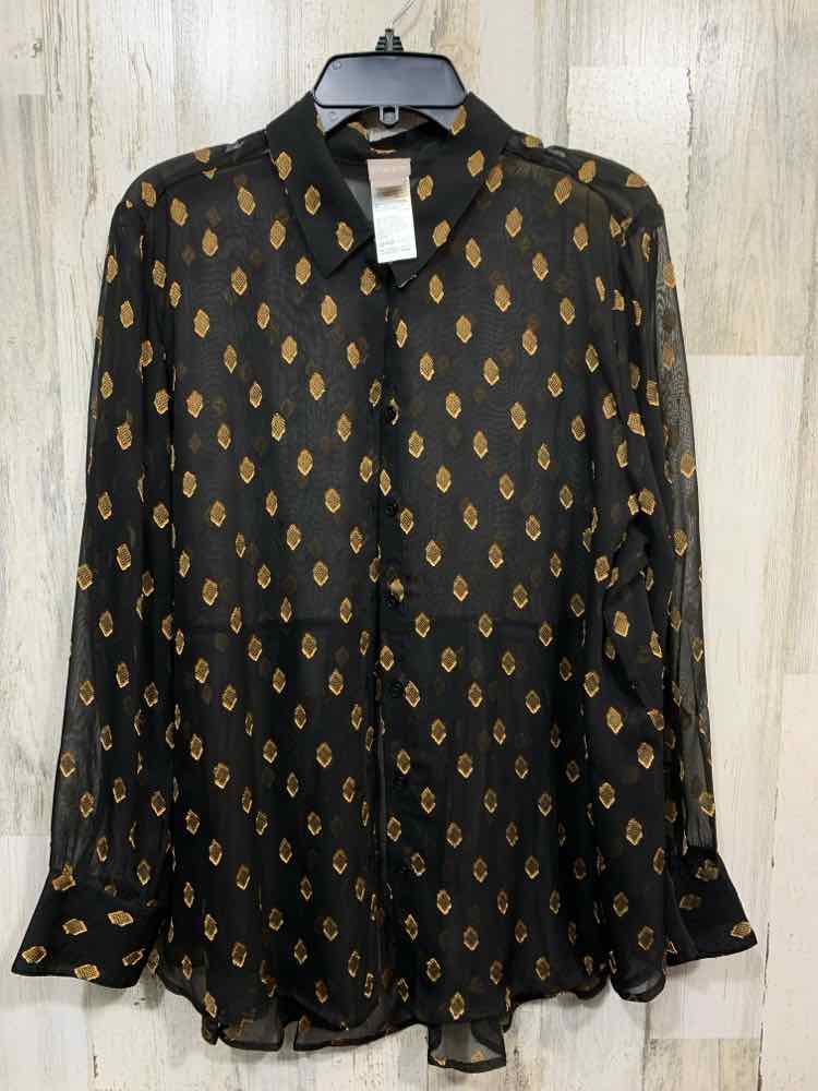 PRE-OWNED CHICOS BLACK SHEER BUTTON DOWN W/ GOLD DIAMOND PATTERN