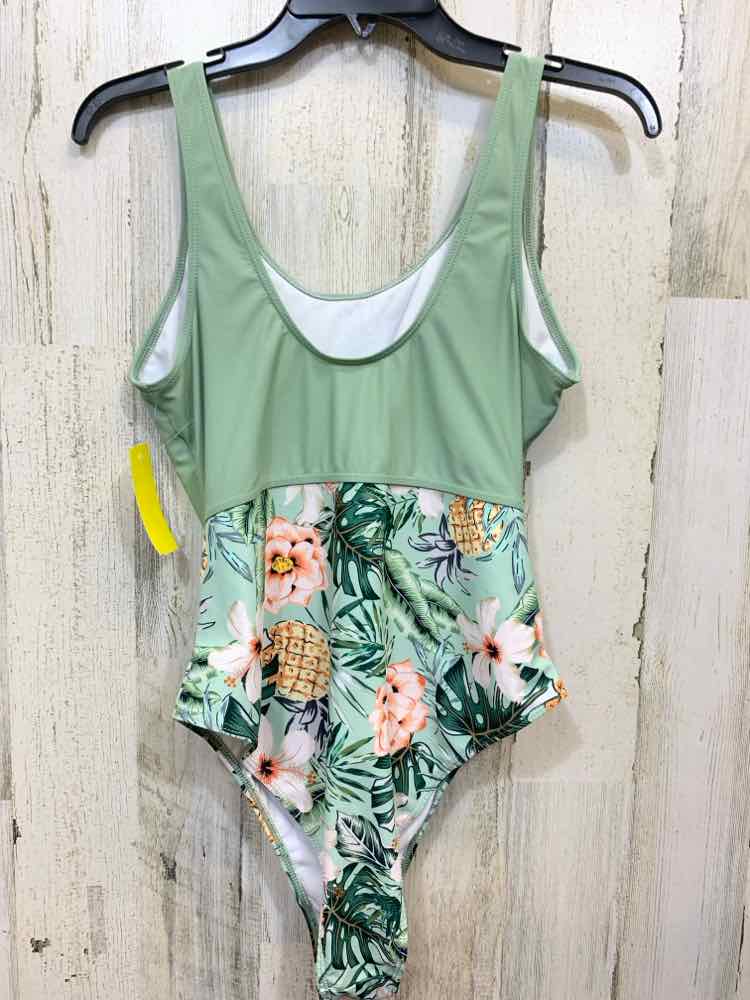 PRE-OWNED Swimwear Size L PASTEL GREEN/PEACH/WHITE TROPICAL ONE PIECE Swimsuit/T