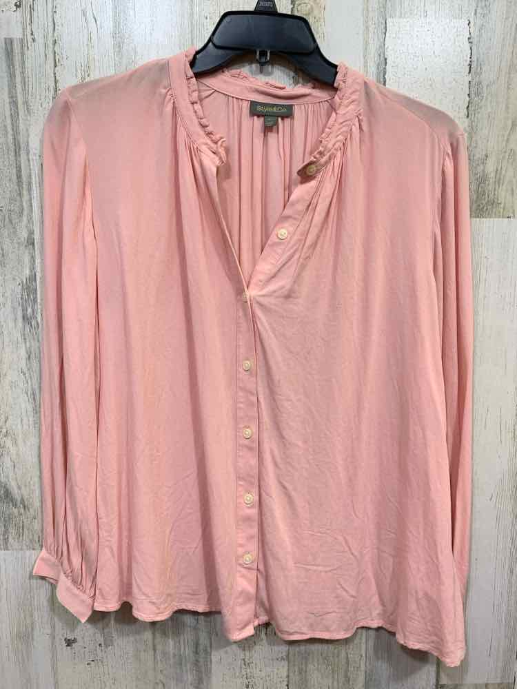 NWT STYLE & CO Tops Size 1X ROSE Solid LONG SLEEVE Blouse/RUFFLE DETAIL ON NECK