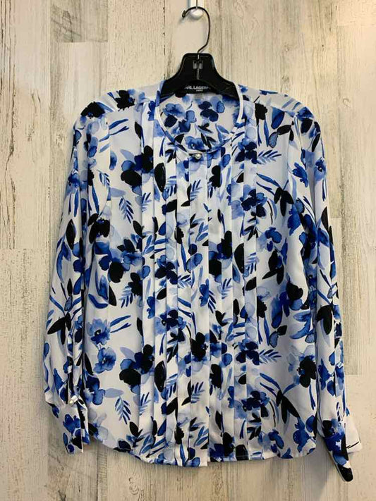 PRE-OWNED KARL LAGERFELD Tops Size XS BLU/WHT/BLK Floral LONG SLEEVES TOP