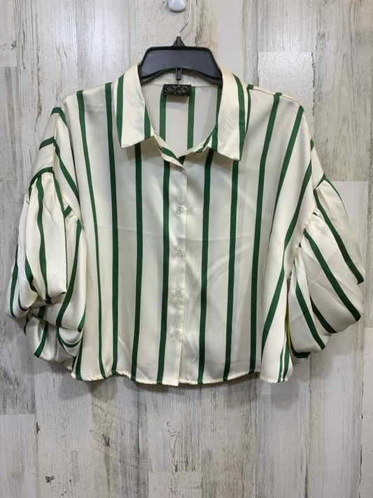PRE-OWNED MILK & HONEY Tops Size M CREAM/GREEN VERTICAL STRIPES CROP BlouseCREAM