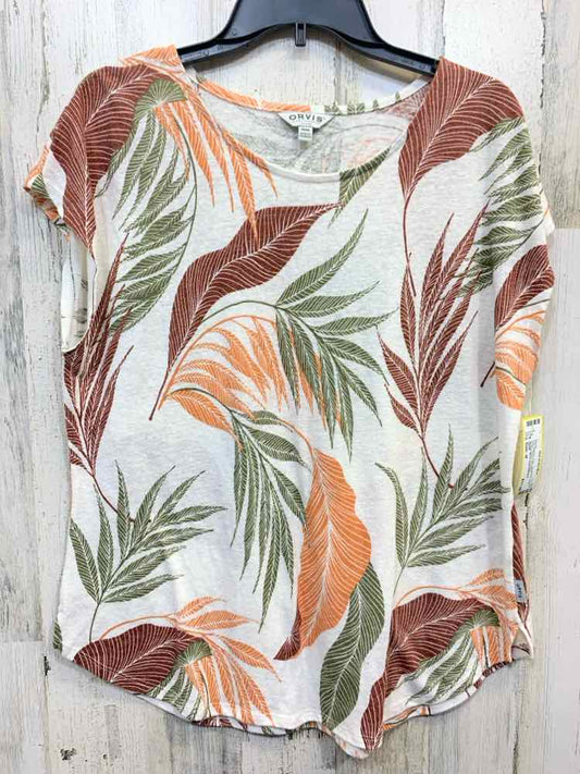 PRE-OWNED ORVIS Size M GRN/ORG LEAF PRINT SHORT SLEEVES Blouse/SCOOP NECK LIGHTW