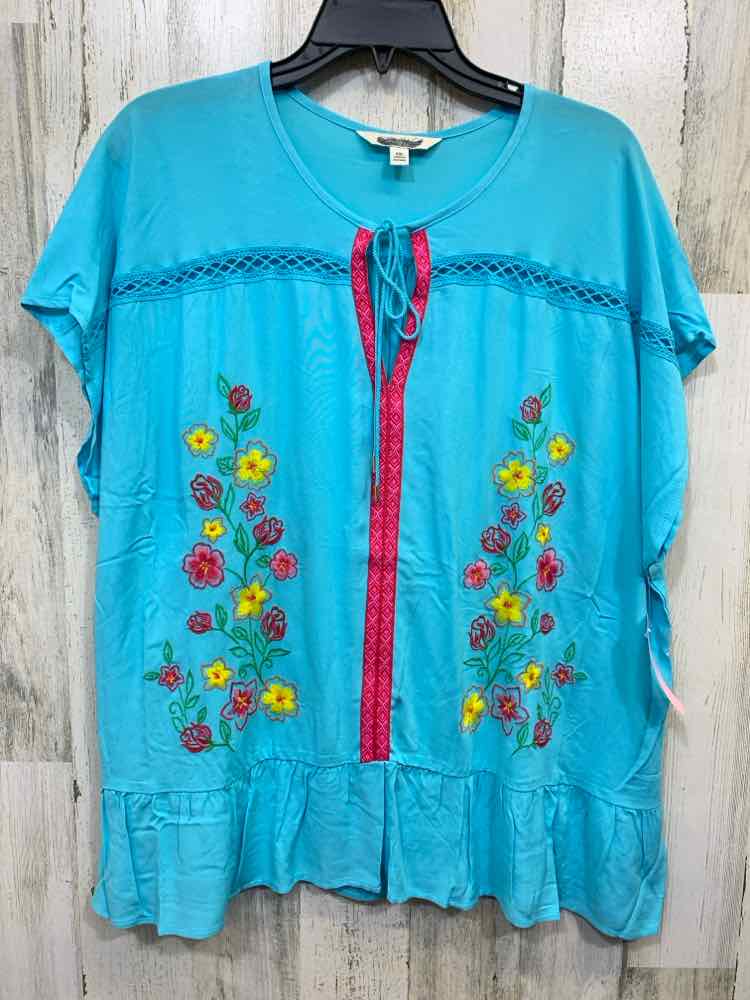 PRE-OWNED PIONEER WOMAN Tops Size XXL Blue Floral SHORT SLEEVES Blouse