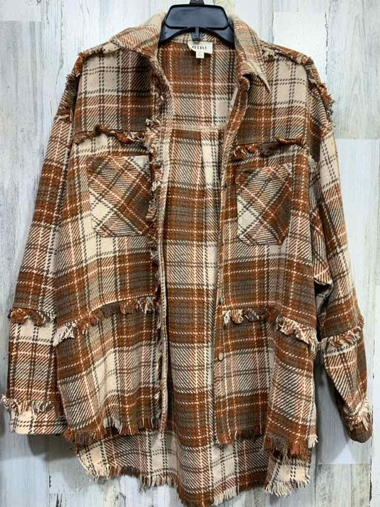 PRE-OWNED BIBI Size S Tops WHT/BRN/OLIV Plaid LONG SLEEVES BUTTON UP Shirt