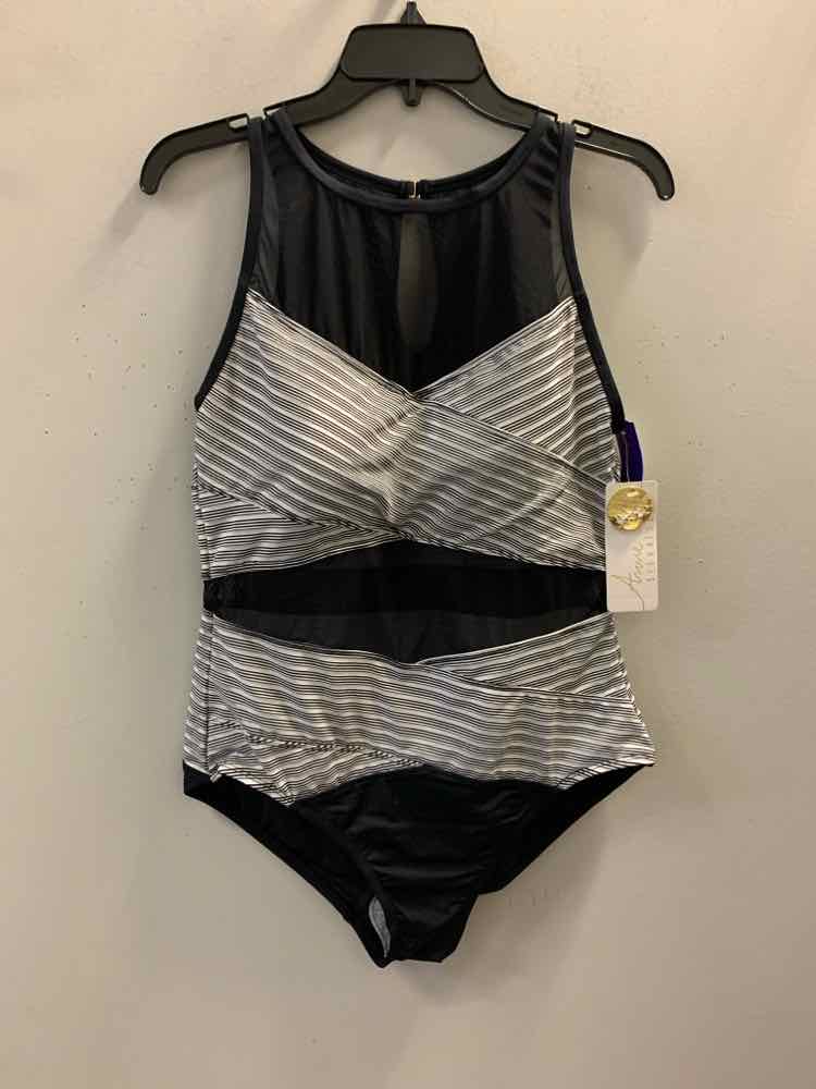 NWT ANNE COLE Swimwear Size 16 BLK/WHT Stripe T BACK Swimsuit
