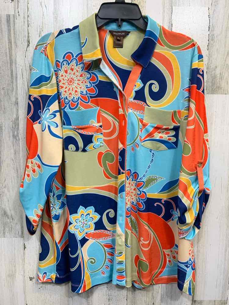 PRE-OWNED MULTIPLES Tops Size L AQUA/ORANGE/YELLOW/OLIVE/NAVY ABSTRACT Blouse/AB