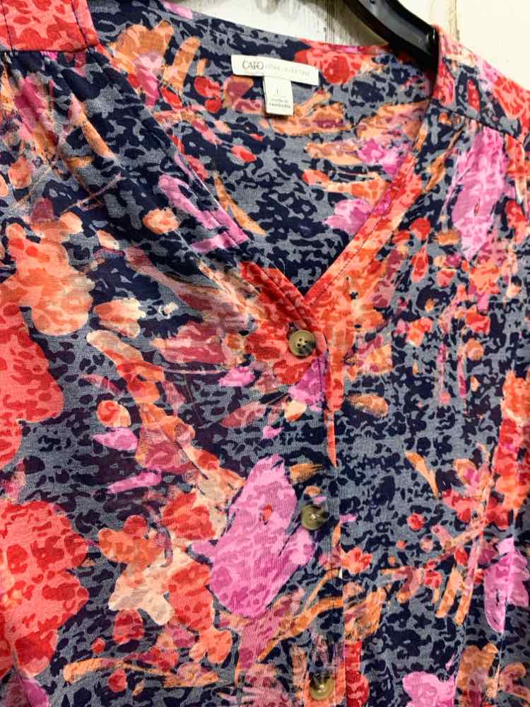 PRE-OWNED CATO Size L RED/BLK/ORG Floral TIE WAIST Shirt/SHORT SLEEVE V NECK BUT
