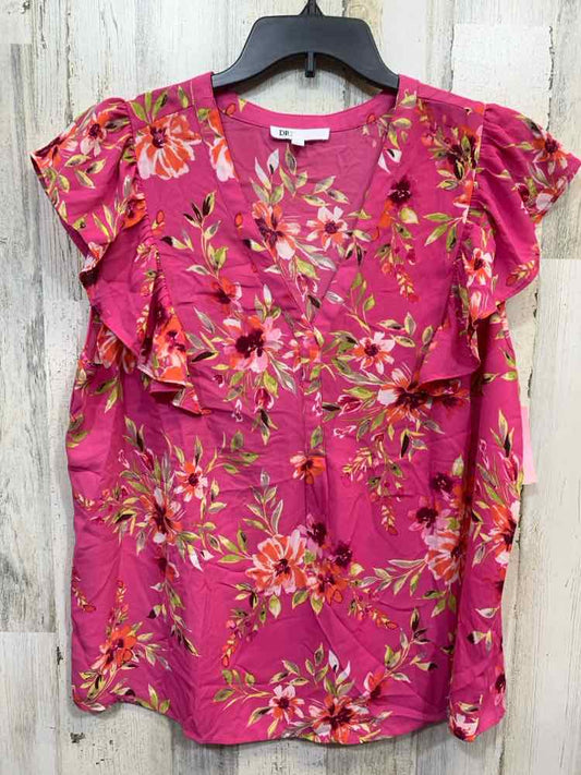 PRE-OWNED DR2 Tops Size XXL PNK/GRN Floral RUFFLE SLEEVE Blouse/V NECK