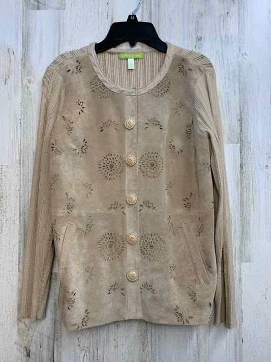 PRE-OWNED SIGRID OLSEN Tops Size S Tan Floral LONG SLEEVES TOP/EMBOSSED LEATHER