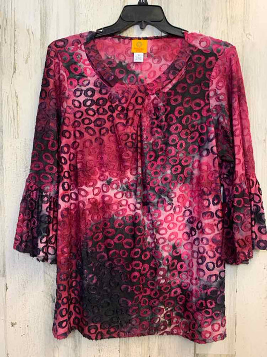 RUBY RD PLUS SIZES Size 1X MAROON/BLK CIRCLES FLARE CUFFS TOP