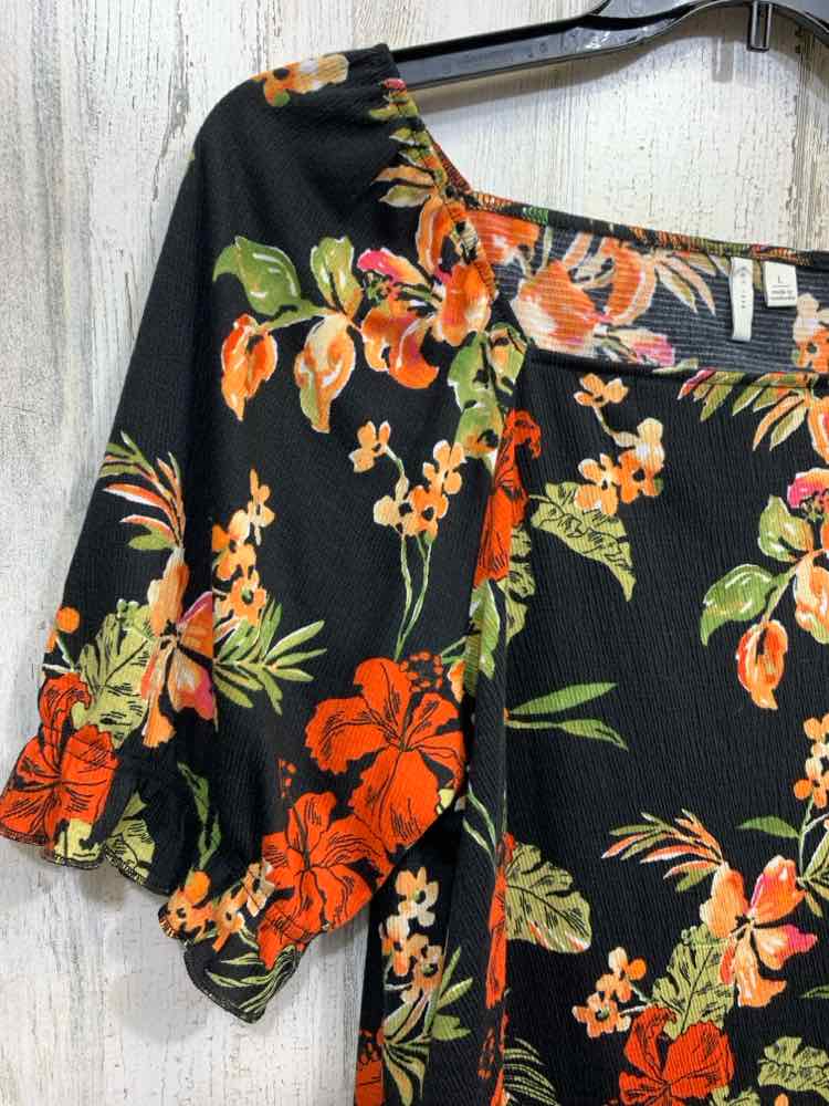 PRE-OWNED EST 1946 Tops Size L BLK/ORNG/GREEN Floral SHORT SLEEVES/SQUARE NECK