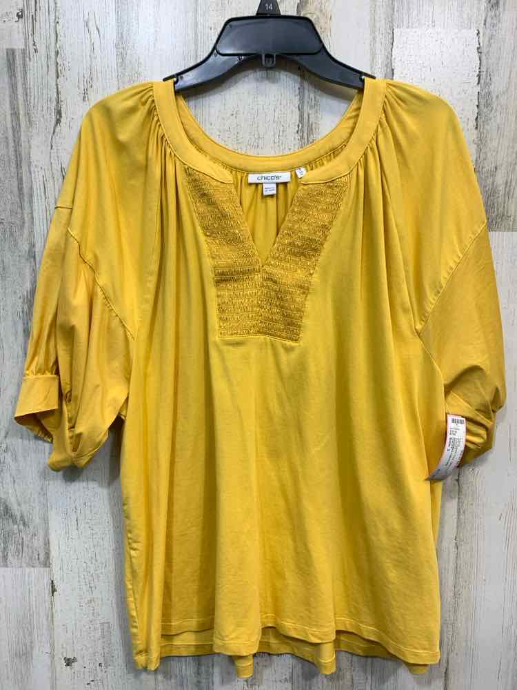 PRE-OWNED CHICO'S Tops Size 3 Yellow PUFF SLEEVES/GATHERED BIB Blouse