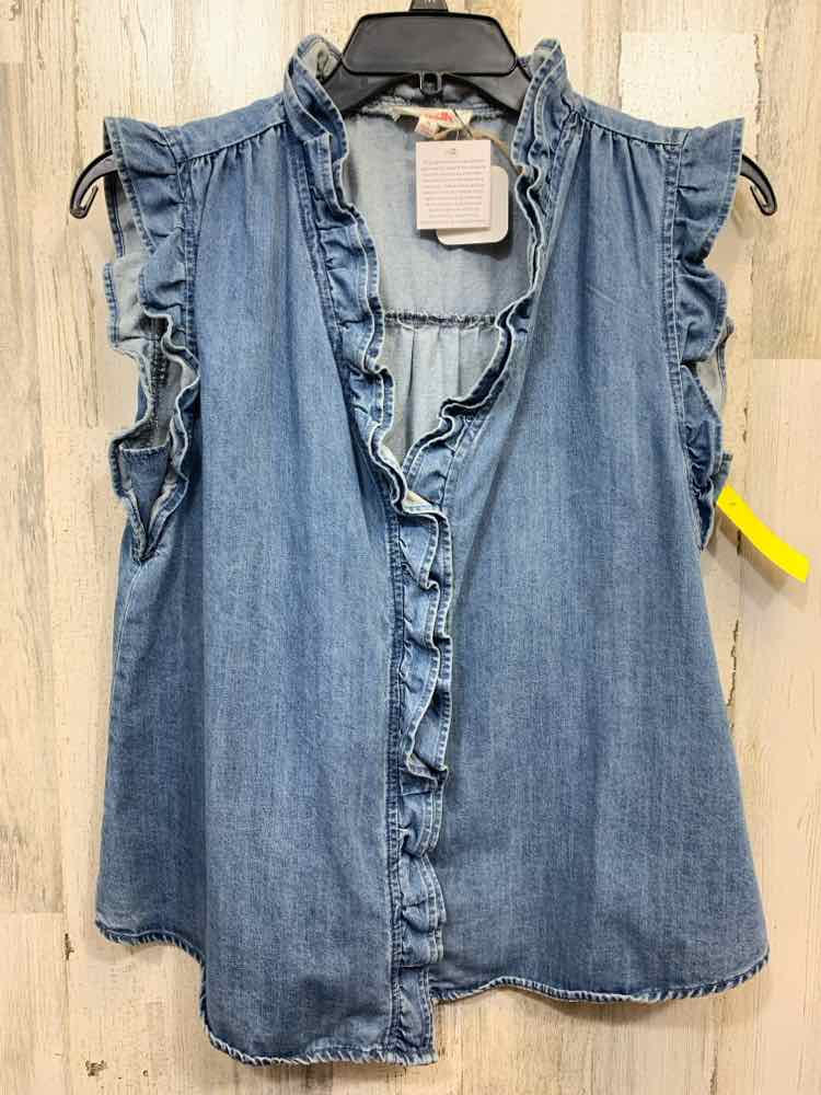 NWT MAZIK Tops Size L Blue Denim DENIM DENIM RUFFLE SLEEVE Blouse/DENIM TOP W/ R