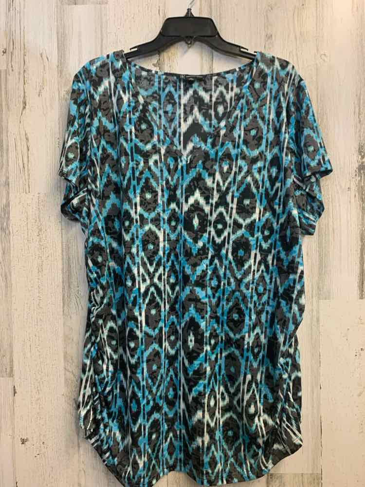 PRE-OWNED INC PLUS SIZES Size 3X BLUE/BLACK LEAPORD SHORT SLEEVES TOP/BLUE/BLACK