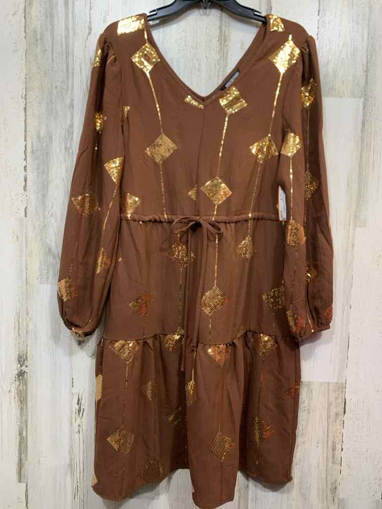 PRE-OWNED NINA LEONARD/SEQUIN ACCENT PATTERN 3/4 SLEEVE DRAWSTRING WAIST MIDI