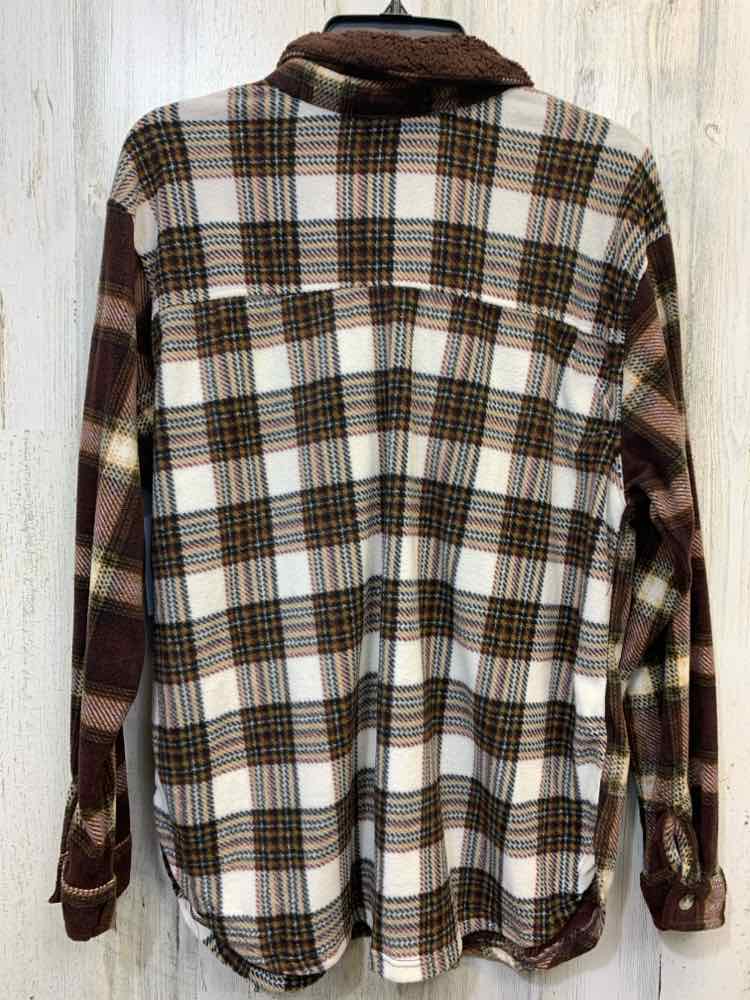 NWT JUST POLLY Tops Size L BRN/WHT Plaid LONG SLEEVES Shirt