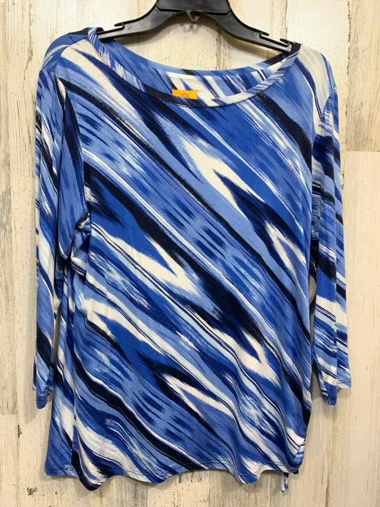 PRE-OWNED RUBY RD Tops Size L WHT/BLU/NVY STROKES 3/4 SLEEVE Blouse