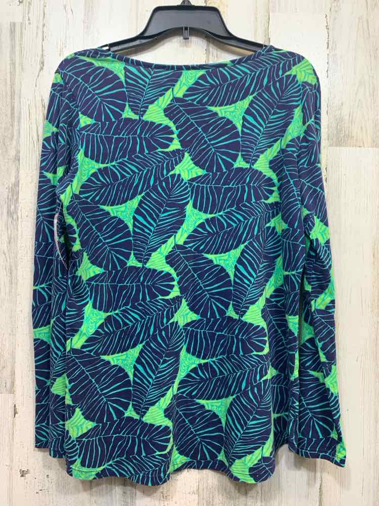 PRE-OWNED LILLY PULITZER Tops Size L NAVY/LIME GRN/TEAL TROPICAL Shirt/LONG SLEE