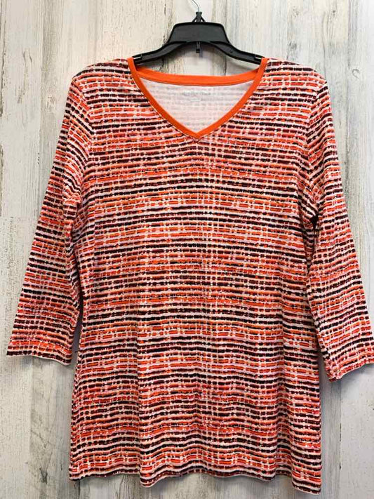 KIM ROGERS Tops Size L ORG/WHT/BLK LINES 3/4 LENGTH TOP