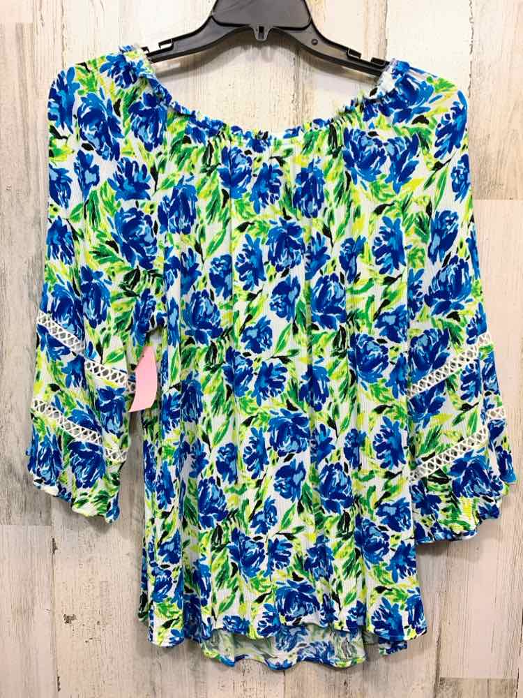PRE-OWNED I.N. STUDIO PLUS SIZES Size 2X WHT/BLU/GRN Floral 3/4 SLEEVE Blouse
