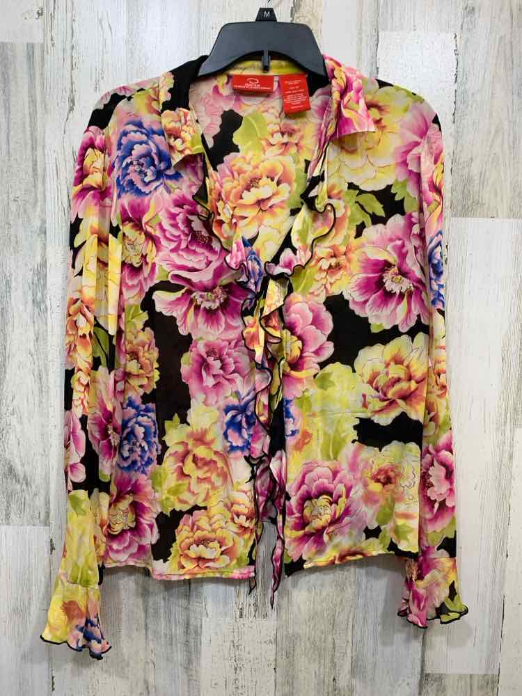 PRE-OWNED OSCAR DE LARENTA Tops Size 14 YLLW/PINK/BLK/BLUE/FUCH/LIME Blouse/FLOR