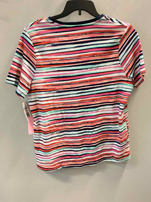 Size 1X KIM ROGERS CORAL/MULTI Stripe SHORT SLEEVES TOP