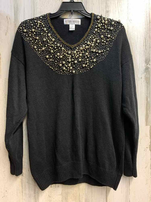 PRE-OWNED VICTORIA HARBOUR Tops Size L BLK LONG SLEEVES TOP/GOLD CIRCULAR BEADS