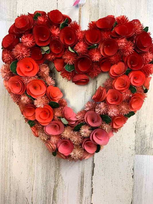 Holiday Item/14" RED/CORAL/PINK WOOD CURL HEART WREATH