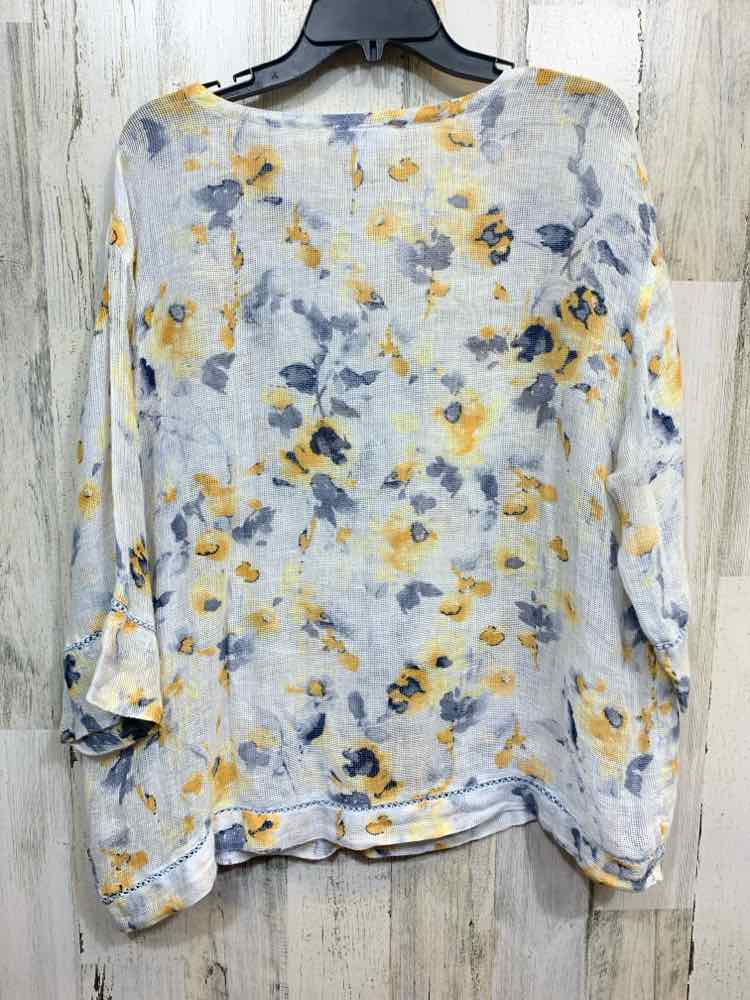PRE-OWNED PUREJILL Tops Size L WHITE/BLUE/YELLOW Floral 3/4 SLEEVE Blouse