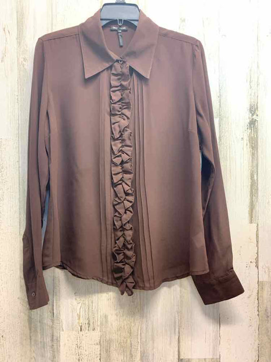 PRE-OWNED OLEG CASSINI Tops Size 14 Brown RUFFLES LONG SLEEVES TOP/LONG SLEEVE B