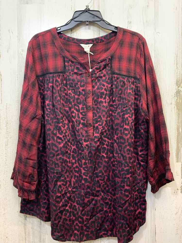 NWT INTRO Tops Size XL WINE/BLACK LEOPARD/PLAID LONG SLEEVES TOP