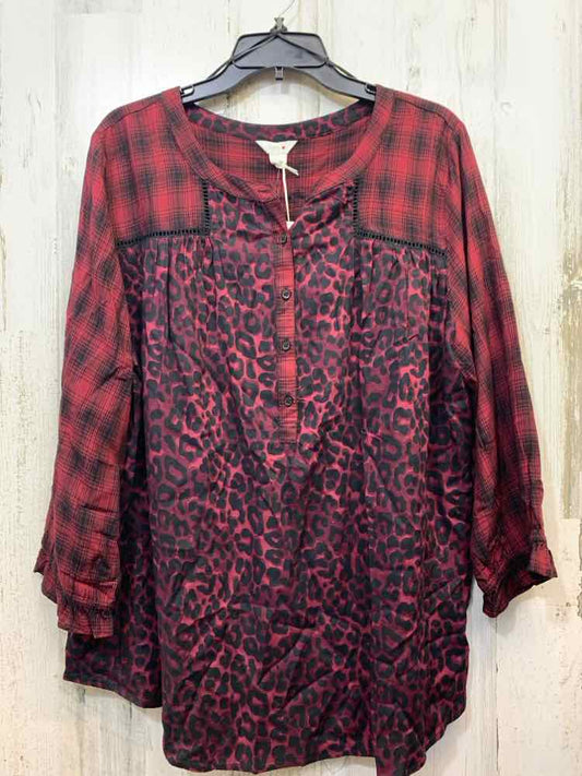 NWT INTRO Tops Size XL WINE/BLACK LEOPARD/PLAID LONG SLEEVES TOP