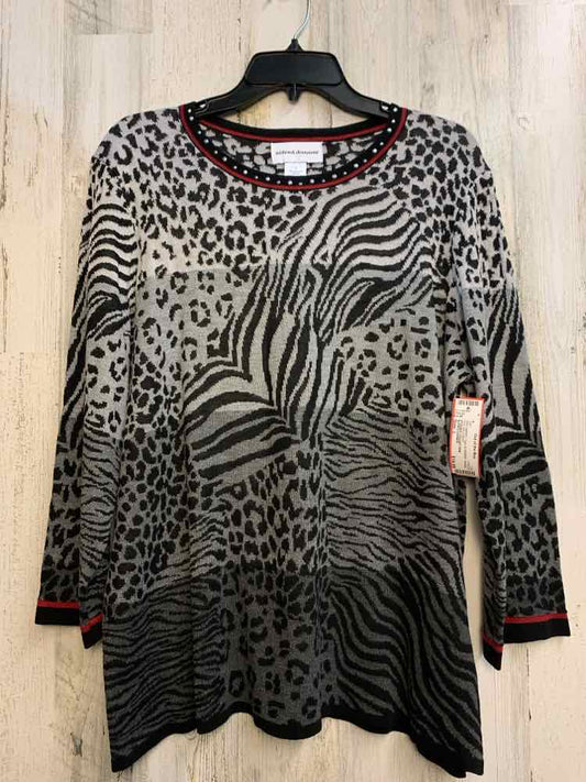 PRE-OWNED ALFRED DUNNER Tops Size L BLK/GRAY Animal Print 3/4 SLEEVE TOP/STUDDED