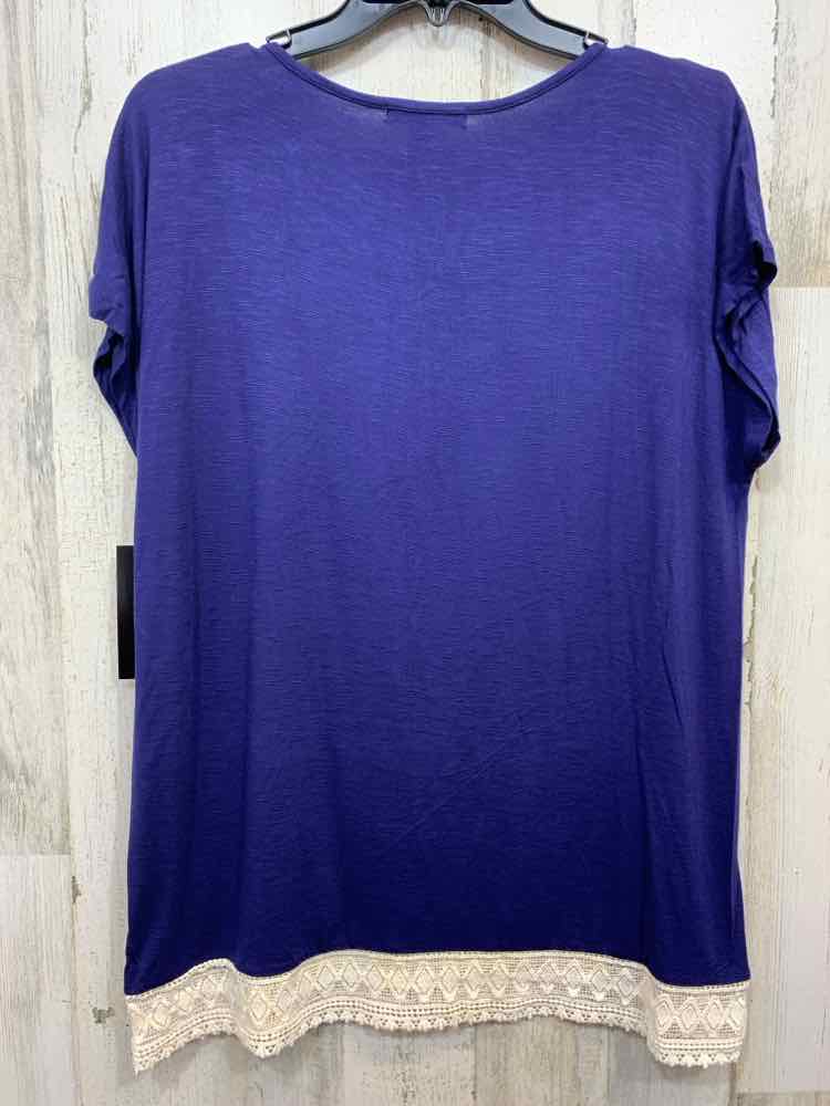 NWT SIGNATURE STUDIO Tops Size L NAVY/WHITE CROCHET SHORT SLEEVES Shirt/NAVY/WHI
