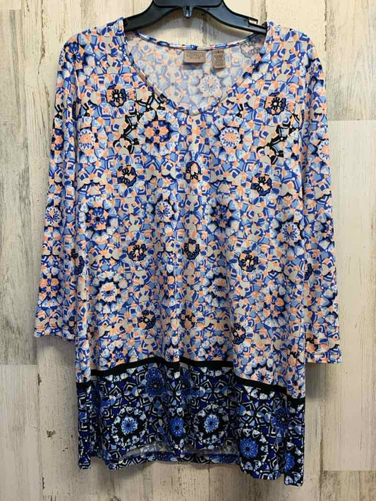 PRE-OWNED EASYWEAR Tops Size 1 WHITE/BLUE/PEACH/BLACK MEDALLION Blouse/LONG SLEE