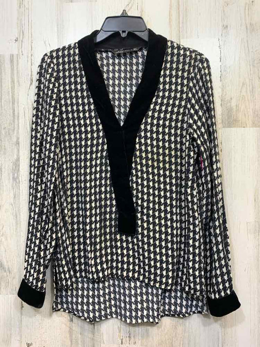 PRE-OWNED ZARA Tops Size S BLACK/WHITE Houndstooth LONG SLEEVE TOP/BLACK/WHITE H
