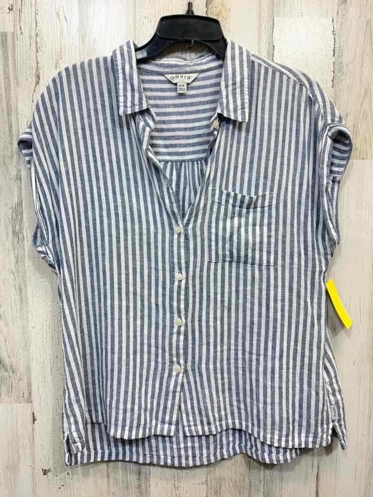 PRE-OWNED ORVIS Size M BLUE STRIPE Linen Blend SHORT Blouse/LIGHTWEIGHT BUTTON D