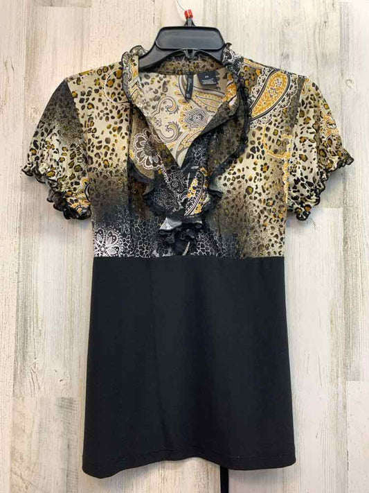 NEW DIRECTIONS Tops Size PM BLK/TAN/YEL PAISLEY/LEOPARD SHORT SLEEVES TOP